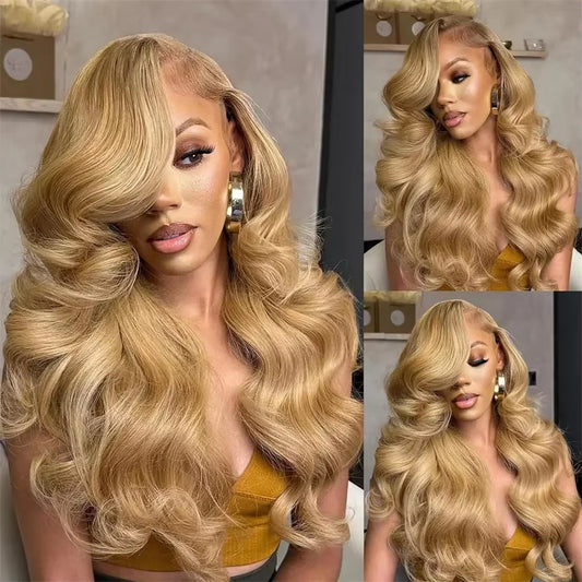 Brazilian #27 Honey Blond 30 34 Inch Body Wave 13X4 Lace Front Human Hair 13X6 HD Transparent Lace Frontal Wigs 200% for Women